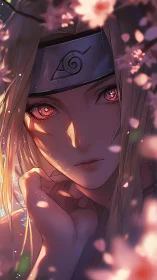 Soft-eyed ninja under glowing cherry blossom petals.