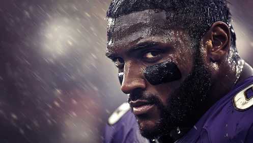 Gridiron warrior glares through stormlit sideline rain.