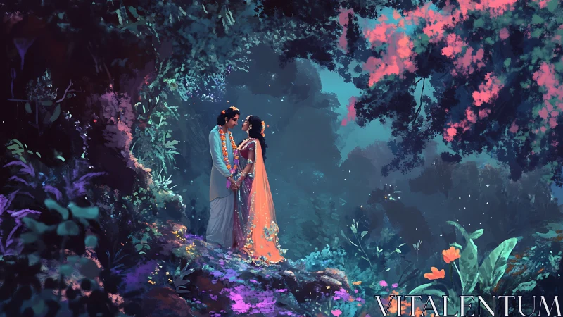 Couple in ornate garments stands among bioluminescent flowers in enchanted forest