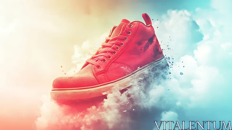 Red sneaker levitates in clouds with dynamic color gradients