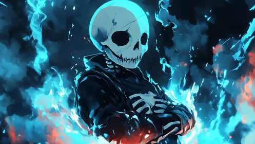 Calm skeleton hero wrapped in electric blue and ember flames.