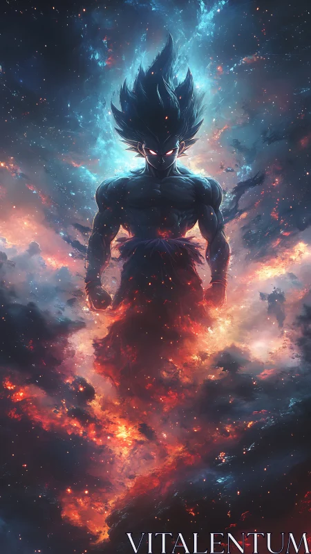 Cosmic warrior emerges from blazing nebula storm.