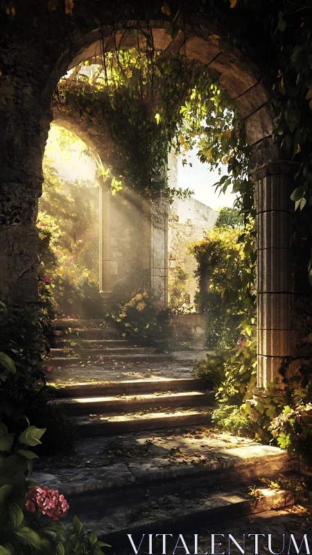Sunlit stone archway with volumetric rays over overgrown steps