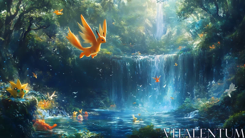 Playful fox creatures gliding above a glowing forest pool.