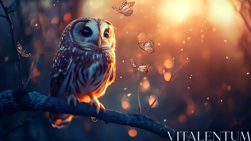 Enchanted owl on branch with glowing butterflies, dreamy sunset style.