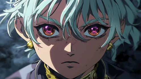 Intense anime warrior portrait with glowing violet eyes.