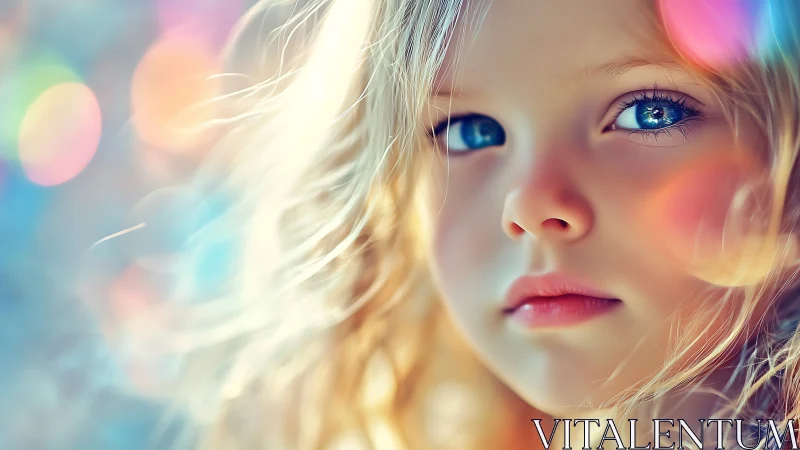 Young child with pale blonde hair and blue eyes in soft pastel light