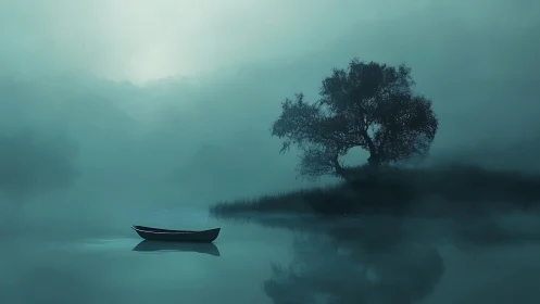 Solitary rowboat on misty lake beside silhouetted tree.