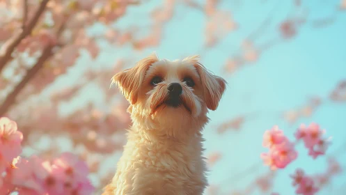 Shih Tzu Portrait with Soft-Focus Spring Blossoms and Cyan Sky Rendering