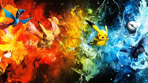 Elemental electric mascots surfing storms of molten color.