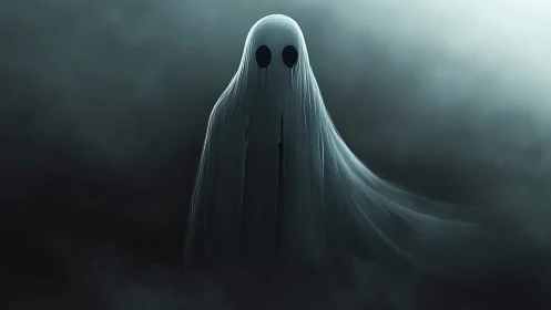 Ghostlike draped figure in foggy dark environment.
