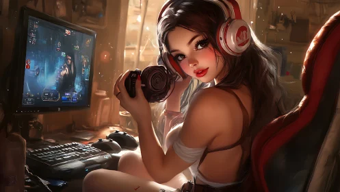 Gamer girl streaming in warm-lit digital studio interior.