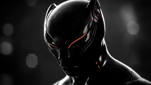 Futuristic black armored feline helmet with red accents.