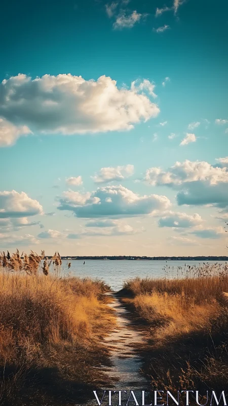 Narrow sandy path leads through dry reeds toward calm water