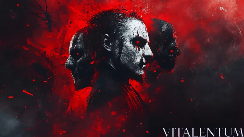 Three haunted faces emerge in a storm of red shadows