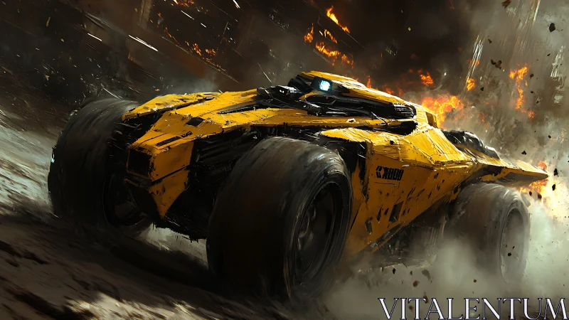 Armored yellow assault vehicle storms burning city streets.