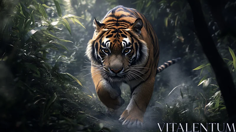 Jungle shadows kneel as a prowling tiger parts the mist