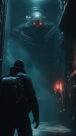 Lone explorer meets towering cyber horror in misty alley.