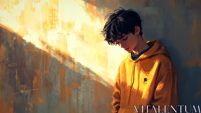Boy in yellow hoodie stands in moody slanting sunlight.