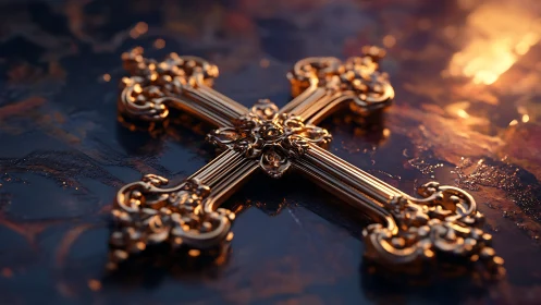 Baroque gold cross resting in dusk-lit molten reflections.