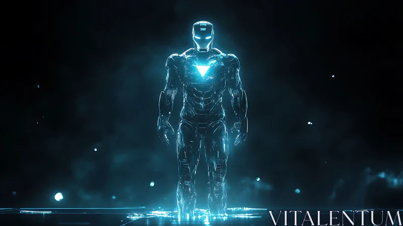 Futuristic armored humanoid figure in blue digital glow.