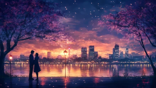 Twilight lovers beneath cherry skies over glowing city lake.