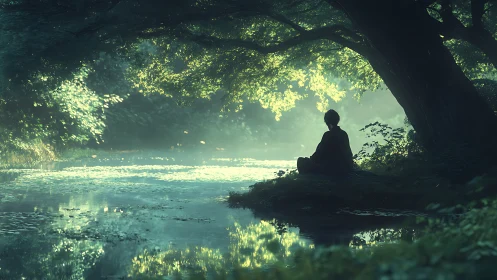 Riverbank daydreamer beneath whispering emerald canopy.