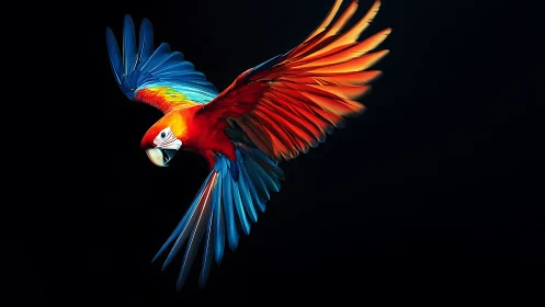 Vibrant Scarlet Macaw in Flight on Dramatic Black Background.