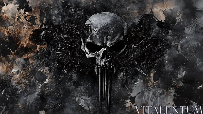 Grim steel skull erupts from storm-scorched darkness.