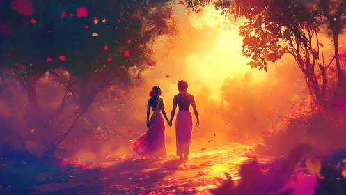 Couple walks through glowing forest path at radiant sunset