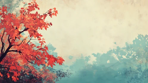 Red foliage tree extends into a textured abstract sky