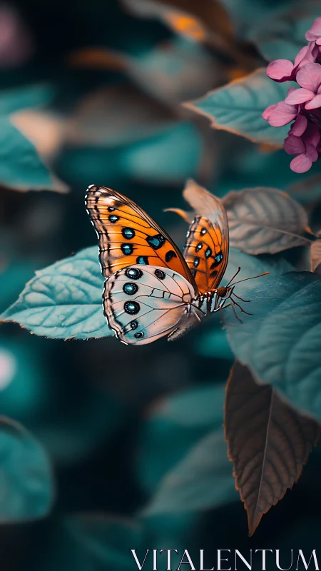Macro study of orange butterfly on teal foliage bokeh