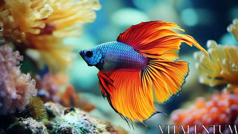 High-saturation betta fish with dynamic flowing fins in reef