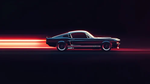 Classic muscle car racing through neon night streets.