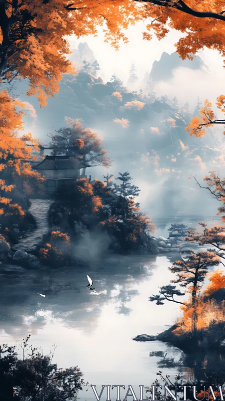 Autumn mist shrouds tranquil mountain lake and temple.
