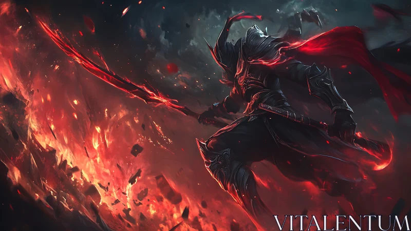 Blazing shadow warrior cleaves a molten storm of embers