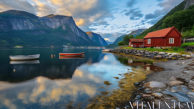 Nordic fjord shoreline cabins and boats at calm sunset.
