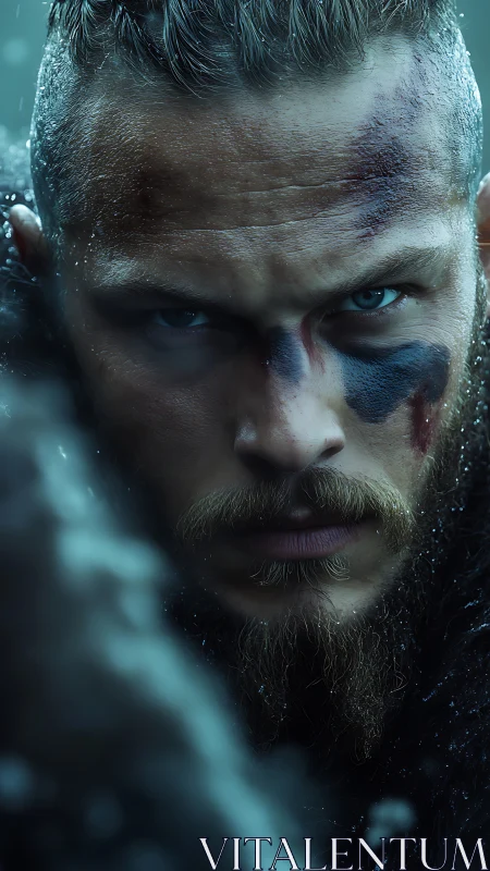 Storm-soaked warrior meets the viewer with fierce calm focus