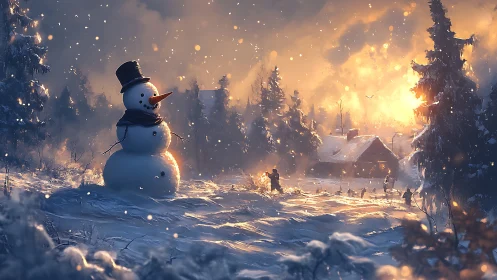 Snowman at sunset watching a cozy winter cabin glow.
