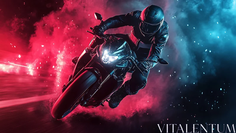 Neon storm rider cutting through electric twilight smoke.