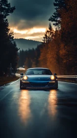 Sports car cuts through wet forest road under storm sky