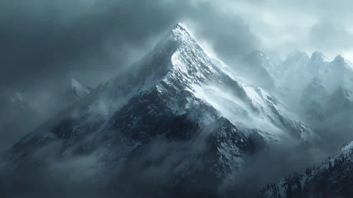 Cinematic snowbound summit under atmospheric low-key lighting.