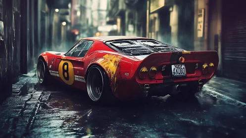 Midnight red race car waits patiently in a rainy city alley