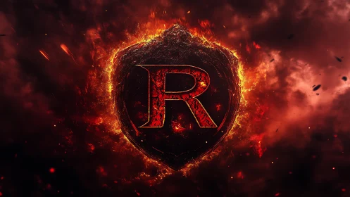 Fiery red R emblem burns inside molten lava shield