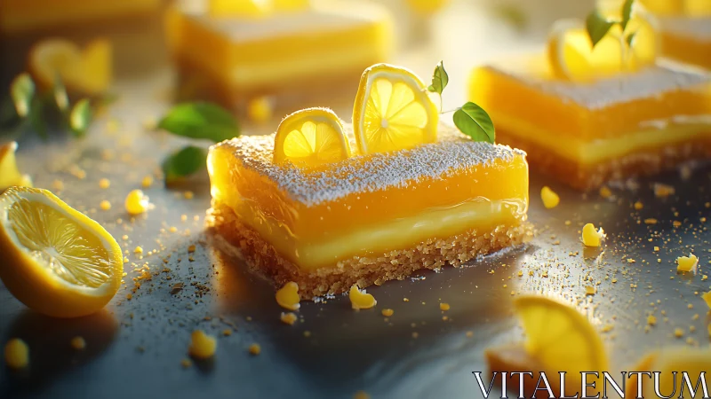 Lemon dessert bars in shallow depth with glossy citrus glaze.