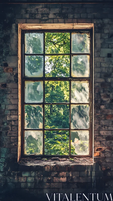 Weathered brick window framing a secret summer garden.
