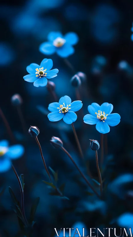 Vibrant Blue Forget-Me-Not Blossoms in Nocturnal Darkness.