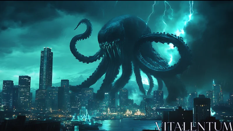 Colossal sea leviathan towering over stormlit city skyline.