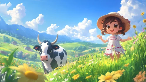 Sunny meadow adventure with a joyful girl and her cow friend.