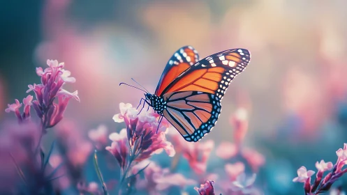 Digital painting of monarch butterfly in ethereal bloomscape.